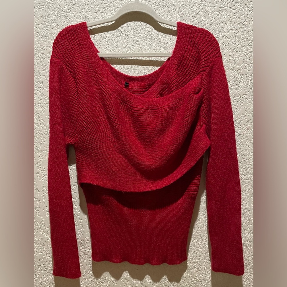 Boutique Off The Shoulder Red Sweater Top Blouse Size L Long Sleeve